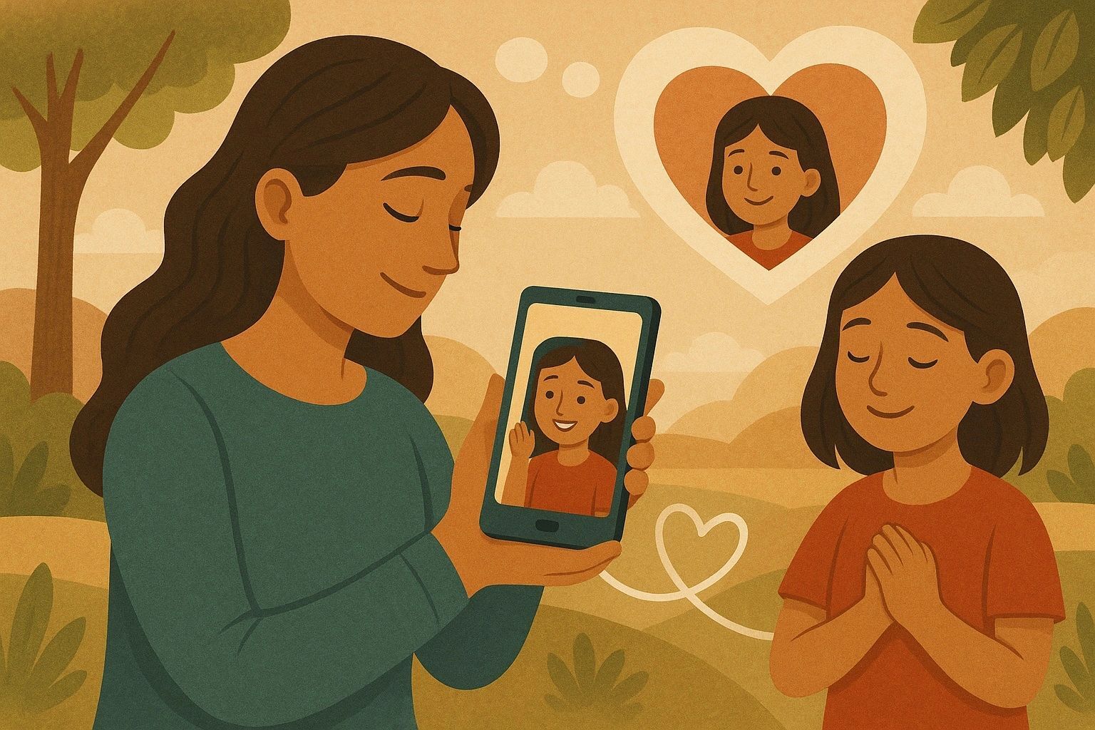 Illustration: a mother on a video call with her daughter, who appears inside a heart; the girl holds her hands to her chest.