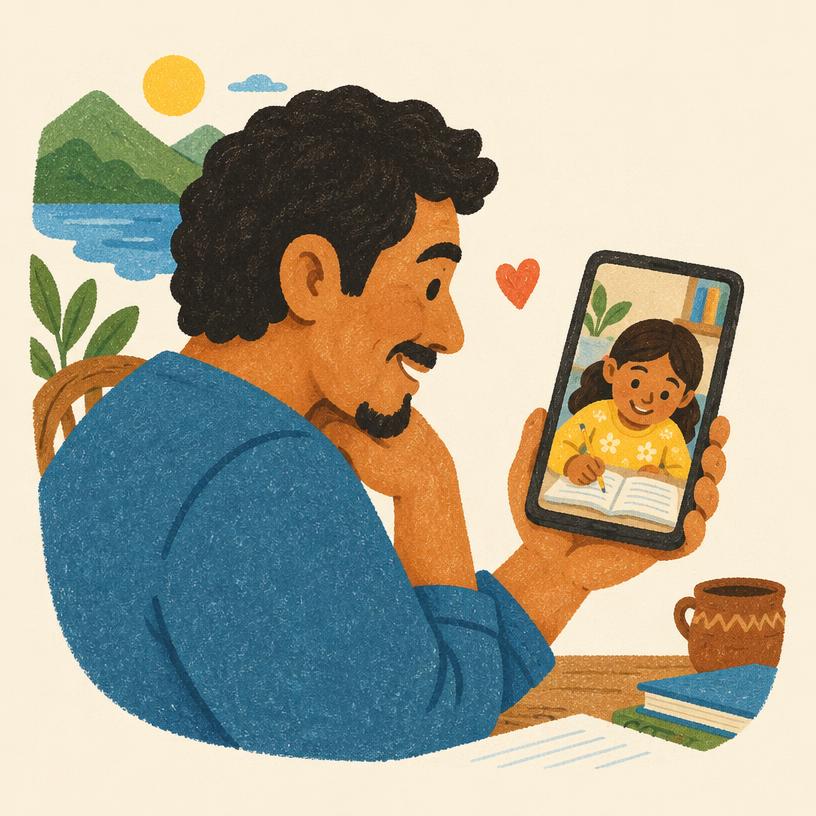 A father on a video call helping his daughter with homework