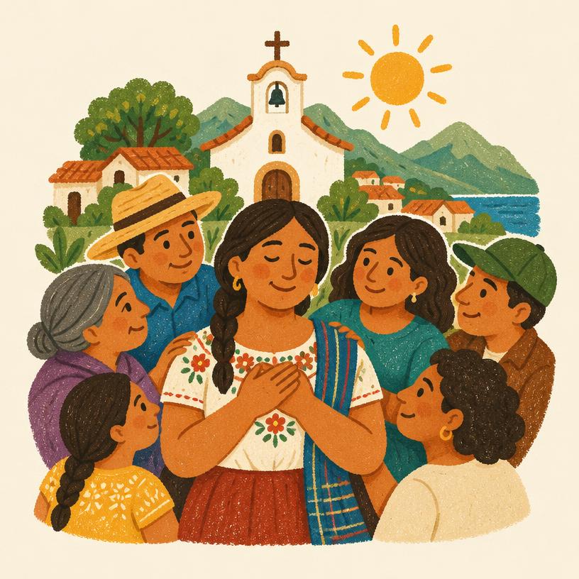 A mother surrounded by her community in front of a village church