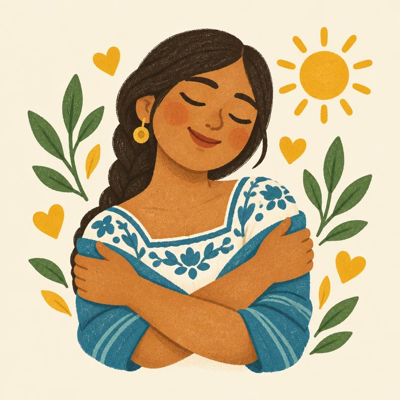 A mother gently hugging herself, surrounded by hearts and leaves