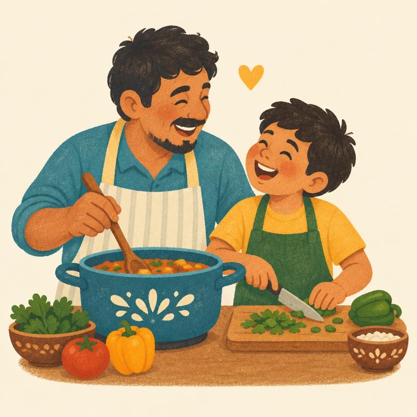 Un padre y su hijo riendo mientras cocinan juntos